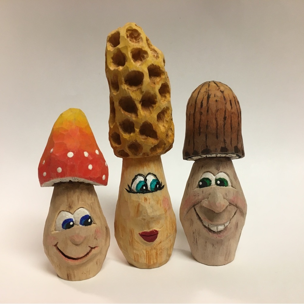 Hand Carved Wooden Mushroom Trio